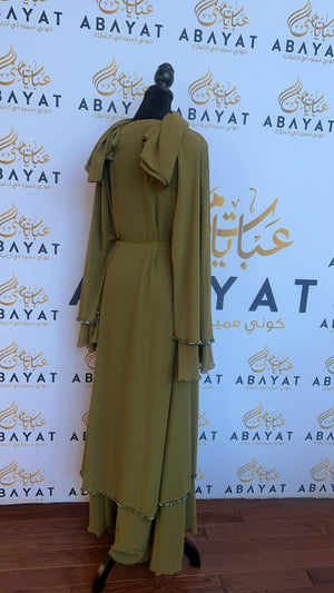 Green Open Ruffled Stone Abaya