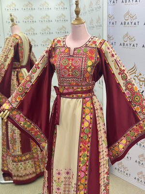 Burgundy & Cream Palestinian Embroidered Thobe – Multicolor Tatreez Maxi Dress with Wide Sleeves”