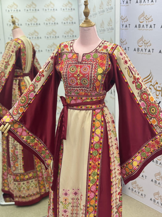 Burgundy & Cream Palestinian Embroidered Thobe – Multicolor Tatreez Maxi Dress with Wide Sleeves”