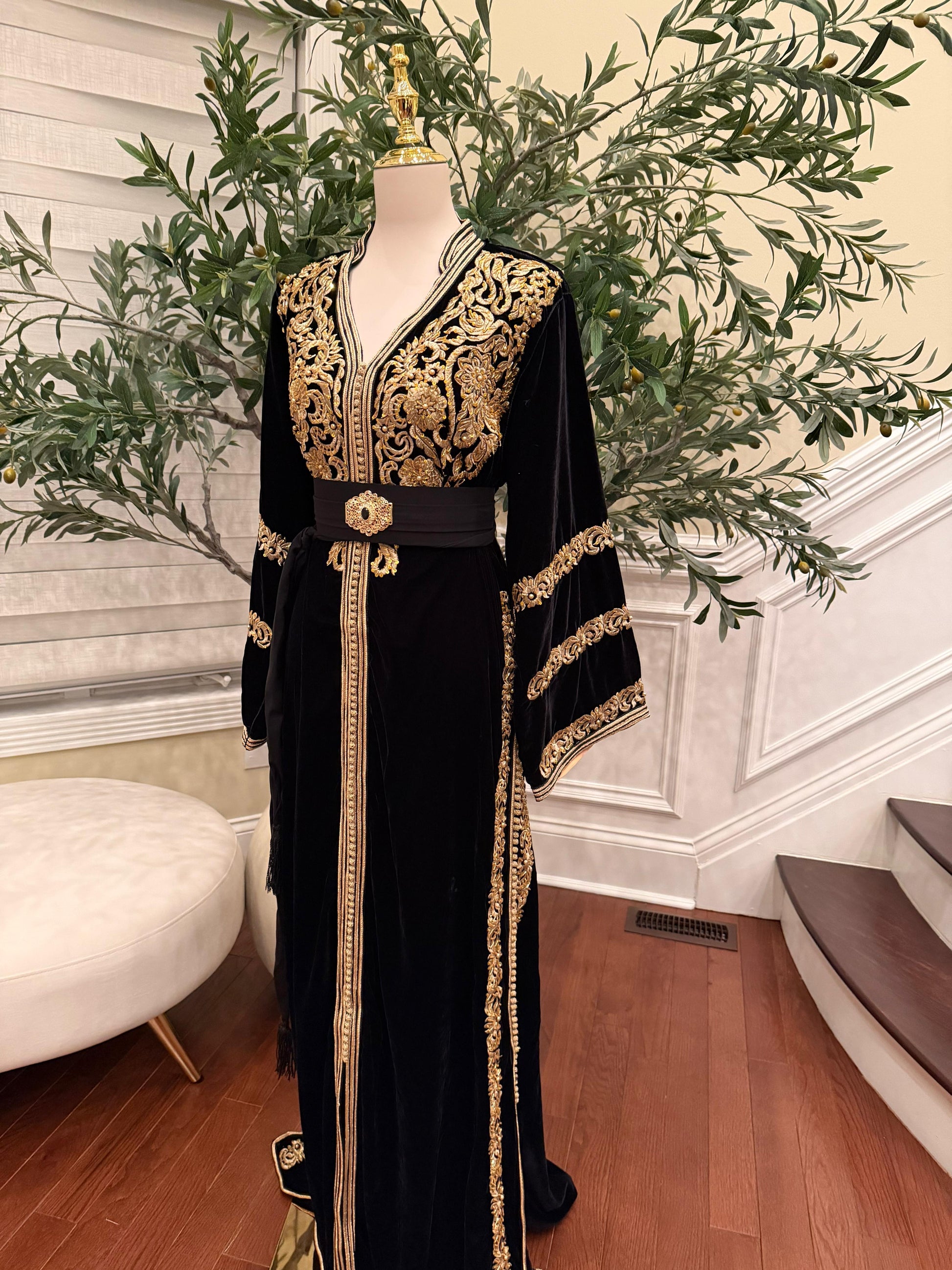 Midnight Black Royale Velvet Kuftan with Golden Embellished Detail
