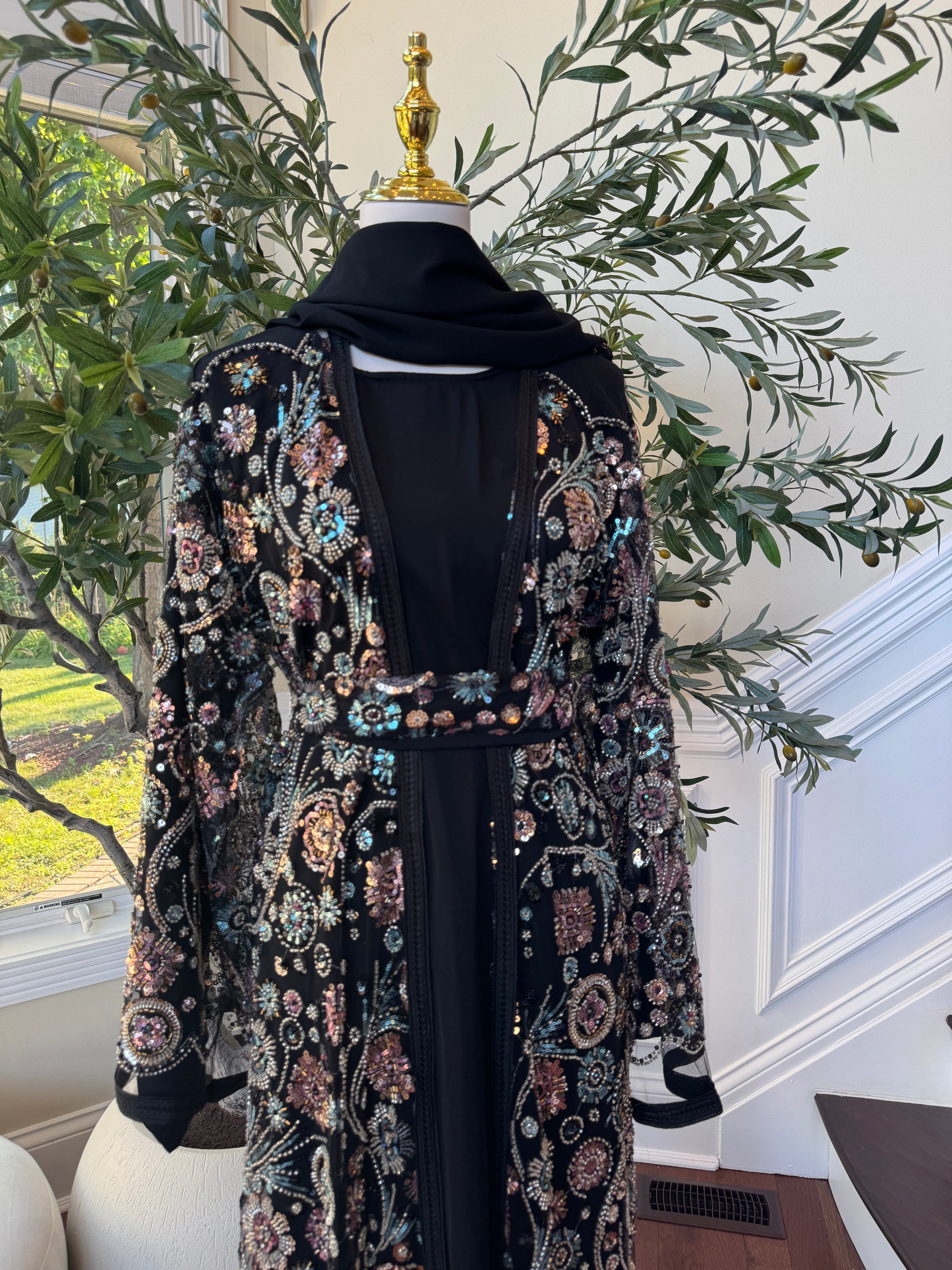 Black Diamond Sequin Floral Abaya