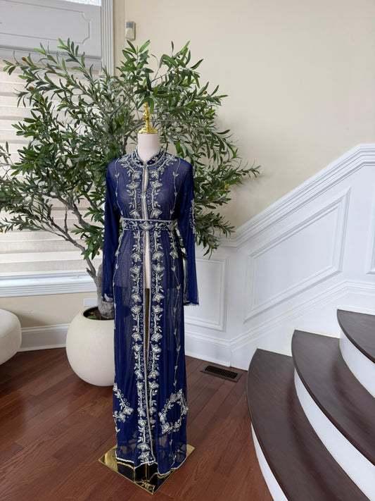 Navy Blue Silver Stone Cardigan Abaya