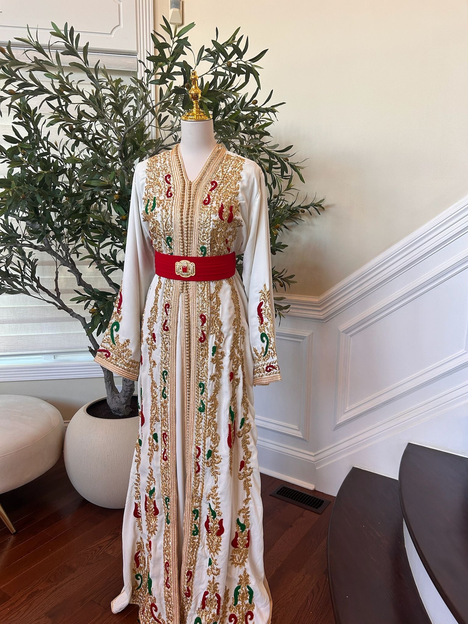 White and Red Detailed Kuftan