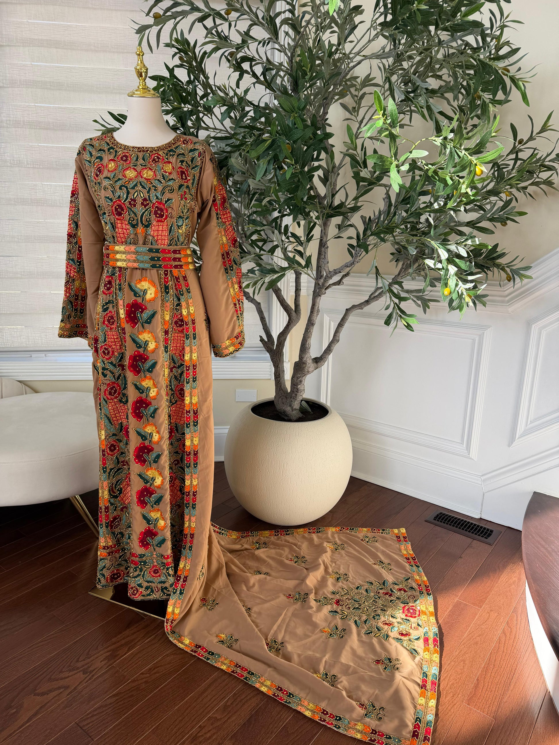 Tan Luxury Heavy Beaded Velvet Thobe