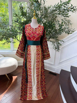 Cream Embroidery Tatreez Green Sabal Kharaz Thobe