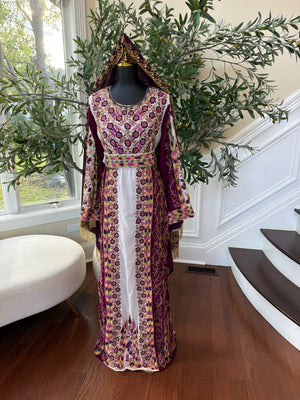 Elegant Purple and Cream Thobe with Intricate Floral Embroidery and Gold Accents (scarf not included)