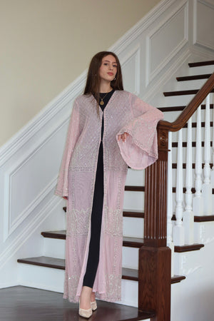Pink Radiance Abaya – Crystal Elegance in Rose Glow