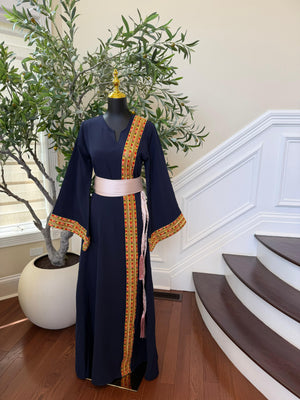 Navy Blue Embroidery Sabal Kharaz Thobe