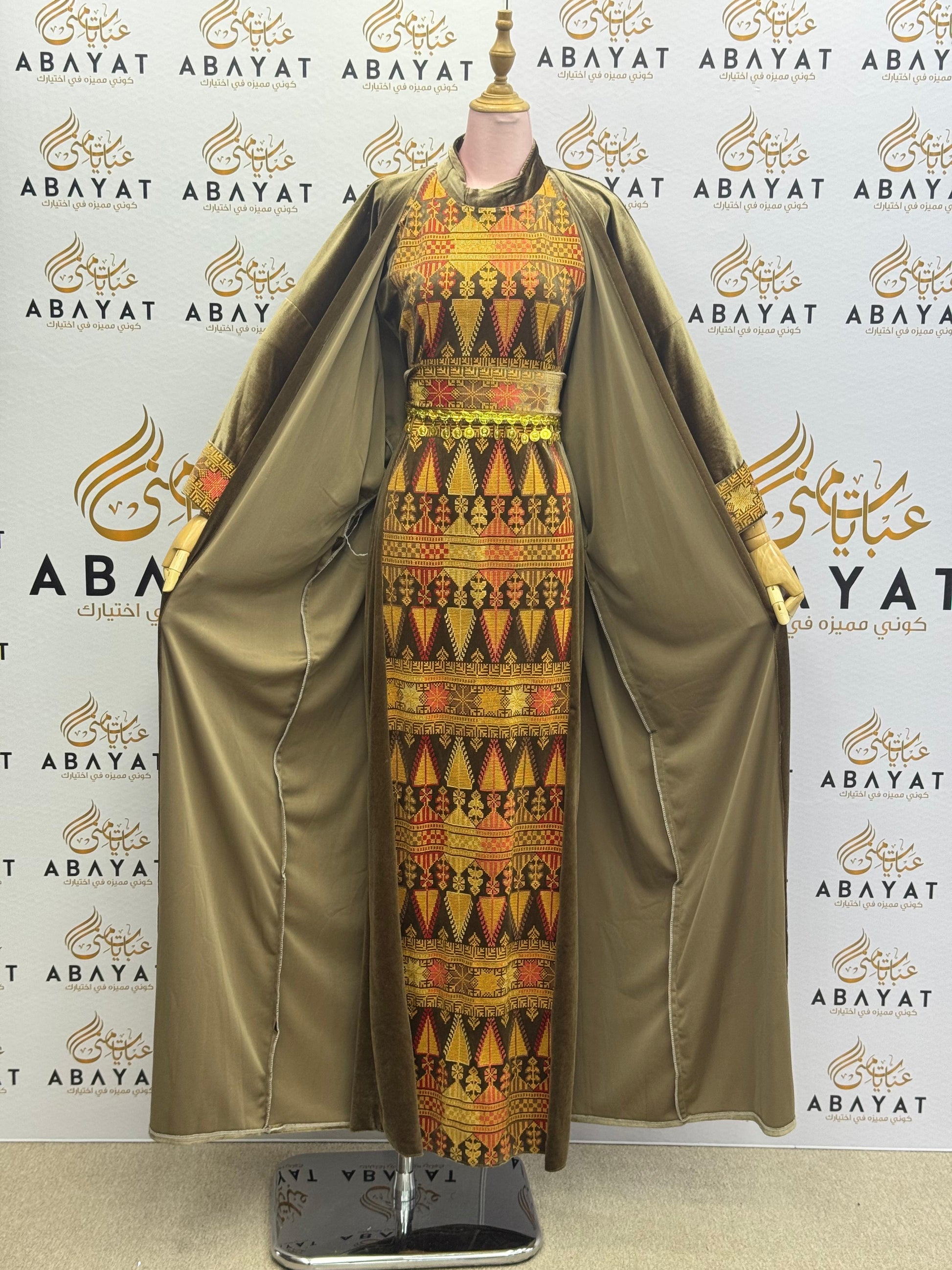 Olive Velvet Palestinian Thobe with Traditional Tatreez Embroidery A1968