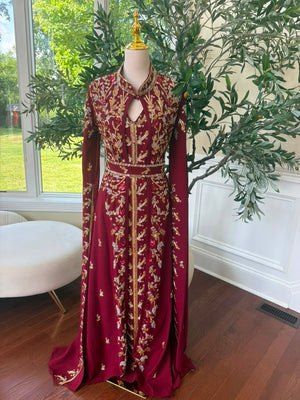 Burgundy Red Beaded Sequin Floral Kuftan