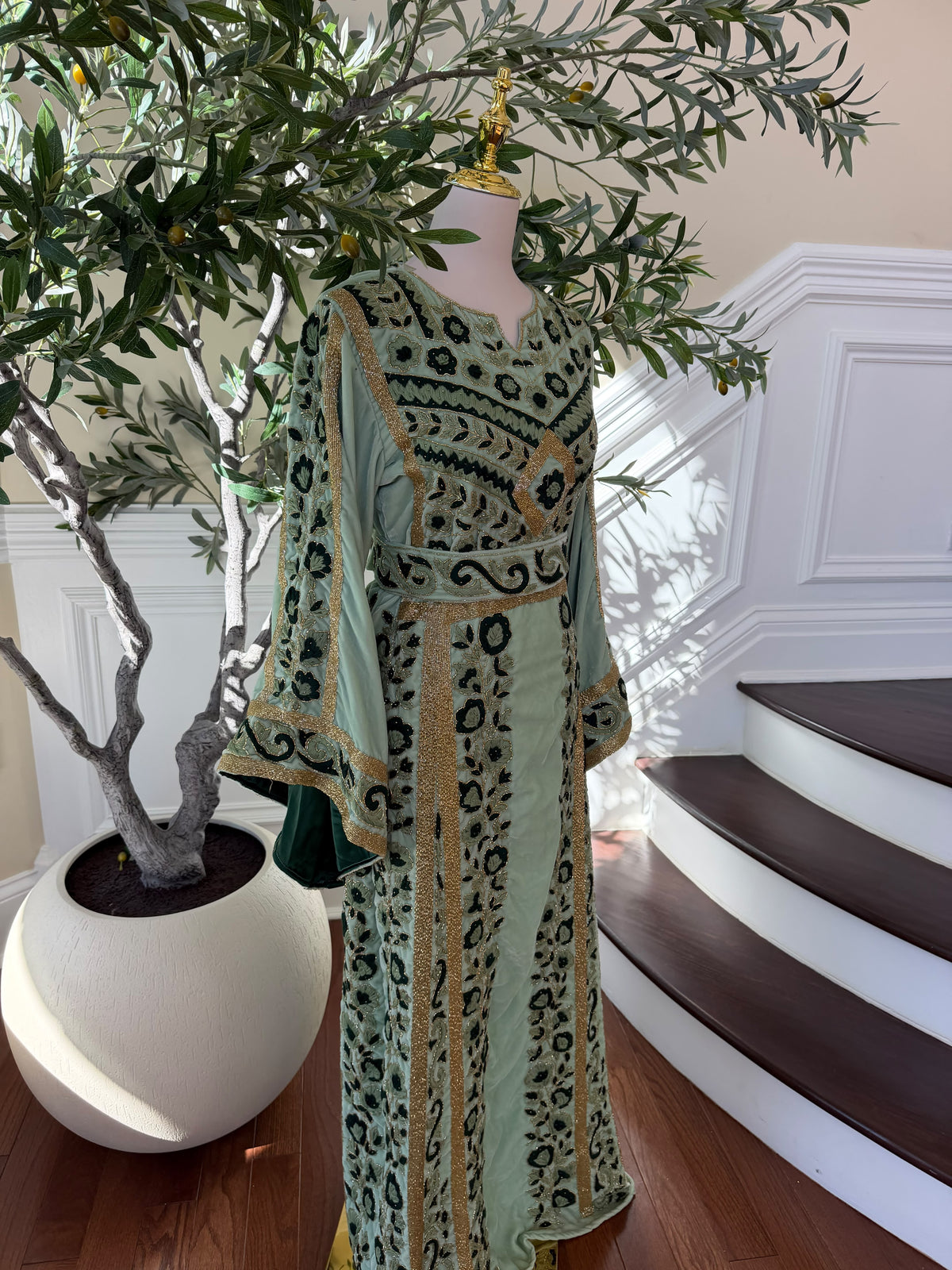 Sage Green & Gold Embroidered Palestinian Thobe (scarf not included)