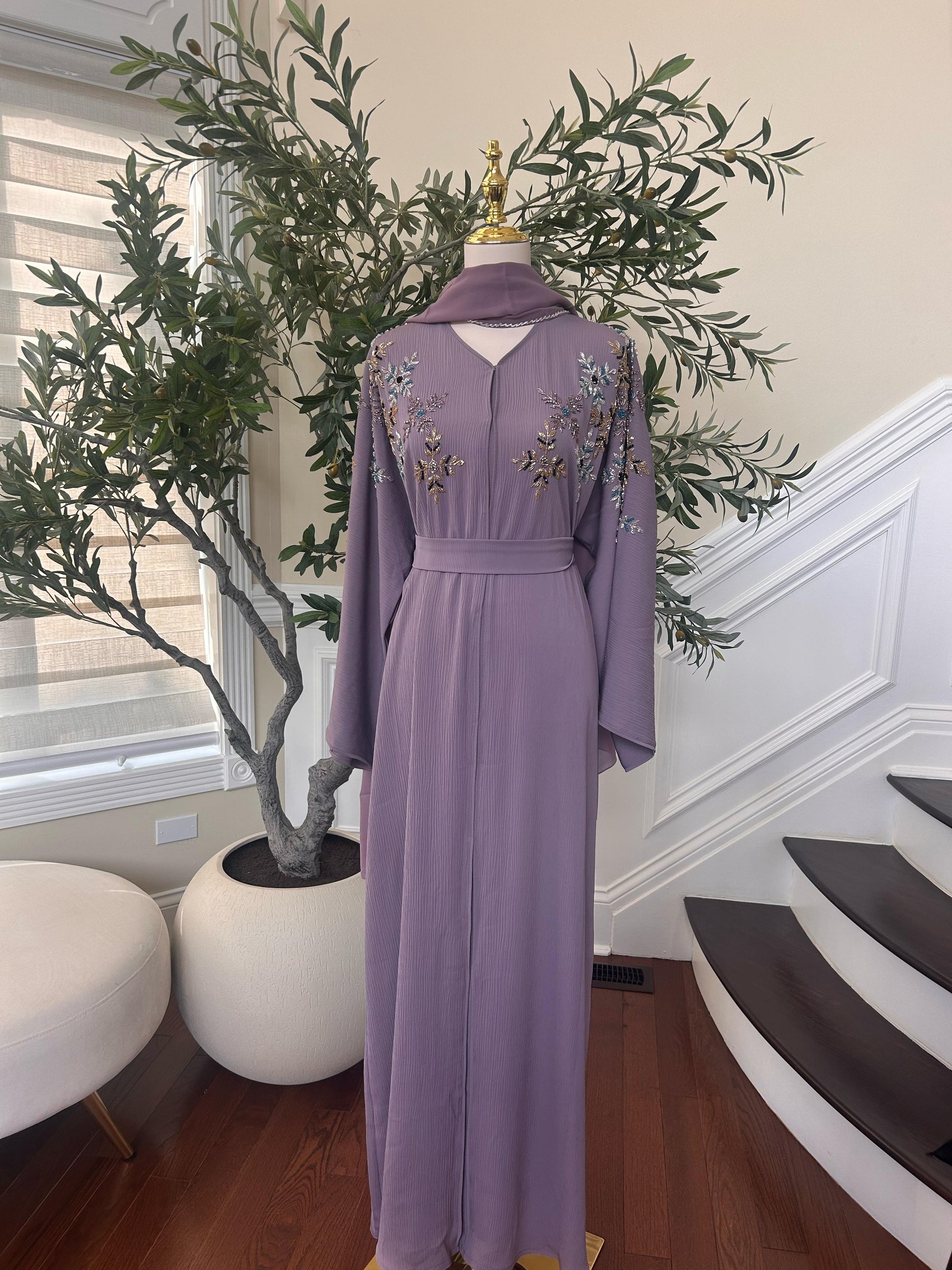 Lavender Beaded Floral Abaya
