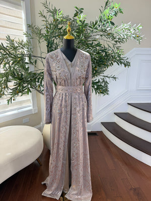 Elegant Mauve Embroidered Kaftan with Silver Beadwork