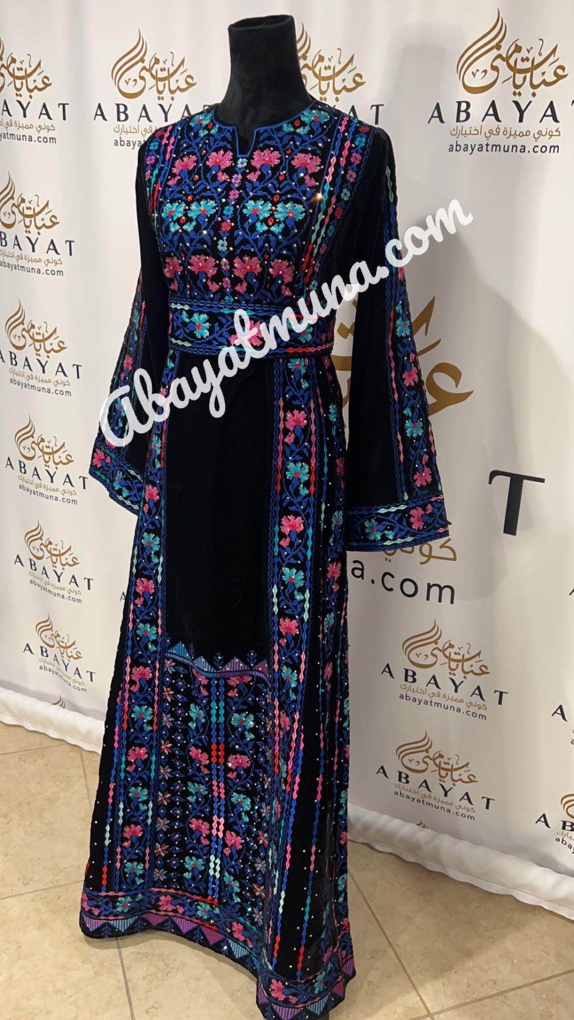 Black and Blue Embroidered Traditional Palestinian Thobe #9198729