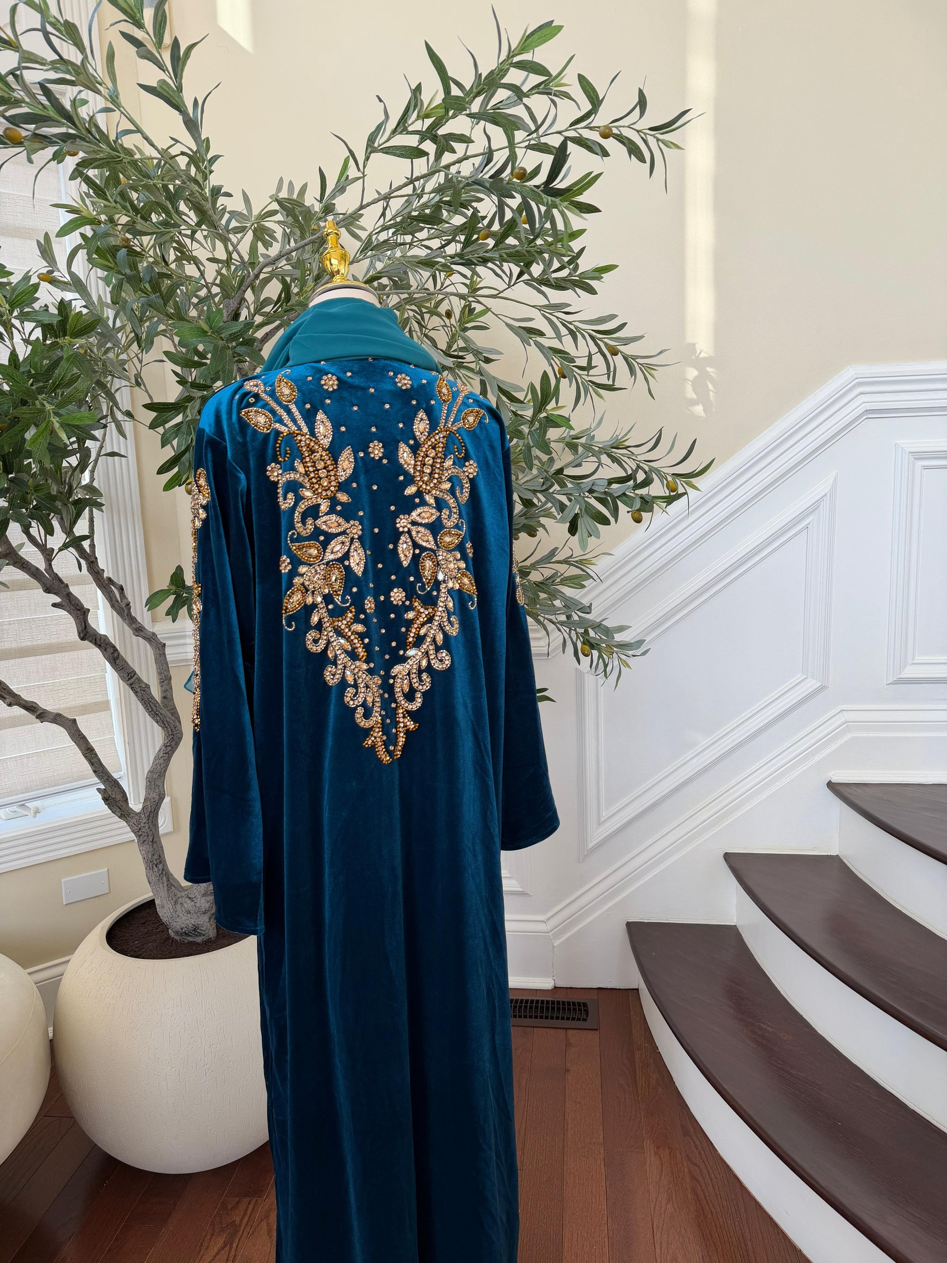 Turquoise Golden Crystal Two Piece Beaded Abaya