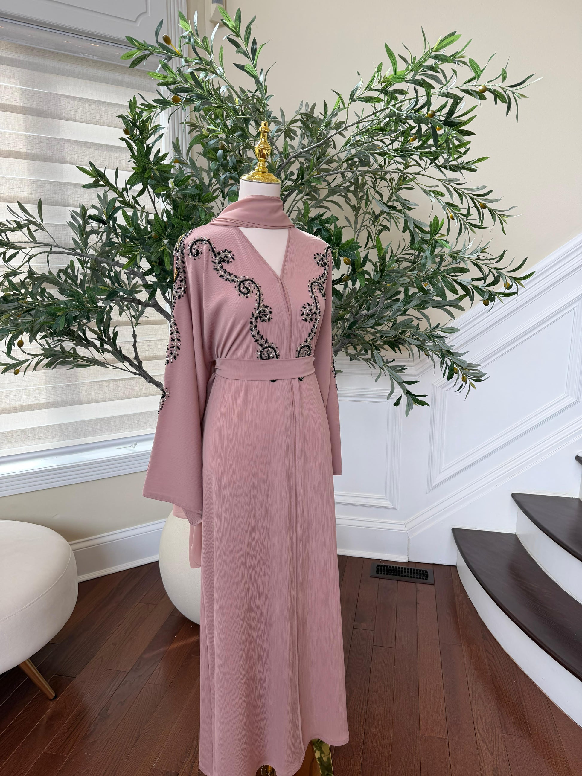 Peach Essence Black Beaded Abaya
