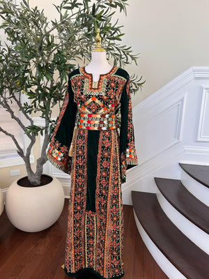 Green Velvet Handmade Embellished Beaded Thobe with Detachable Skirt