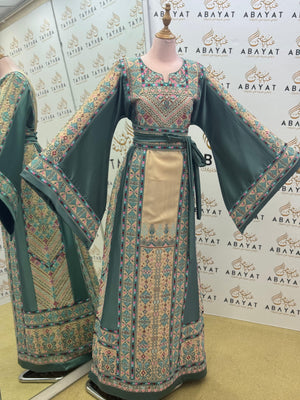 Palestinian Embroidered Thobe – Olive Green with Wide Sleeves