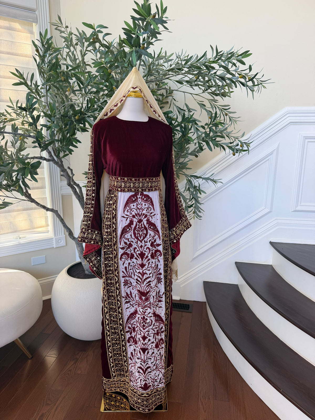 Elegant Burgundy Velvet Palestinian Thobe with Gold Embroidery