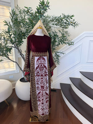 Elegant Burgundy Velvet Palestinian Thobe with Gold Embroidery