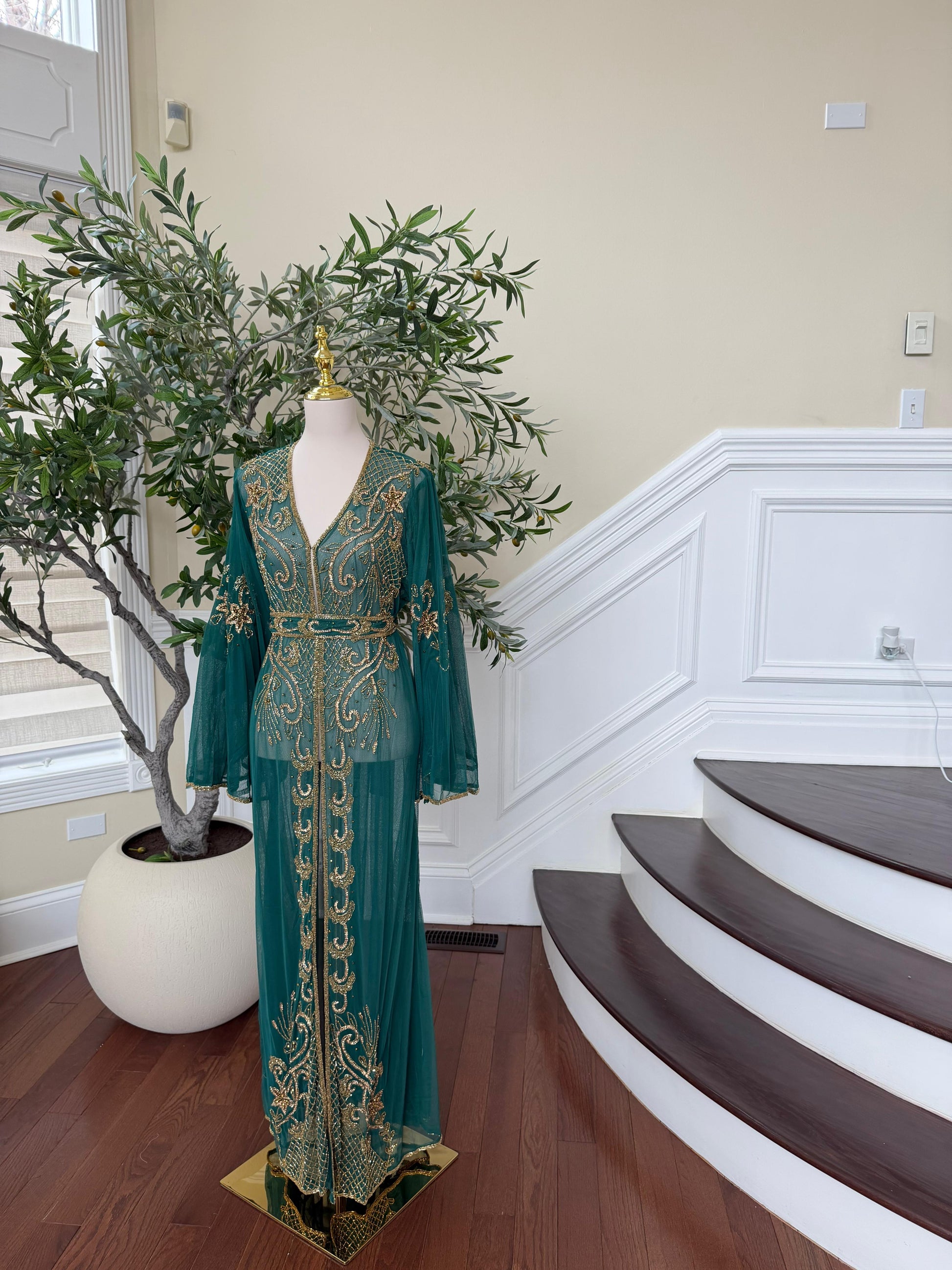 Emerald Green Stone Cardigan Abaya