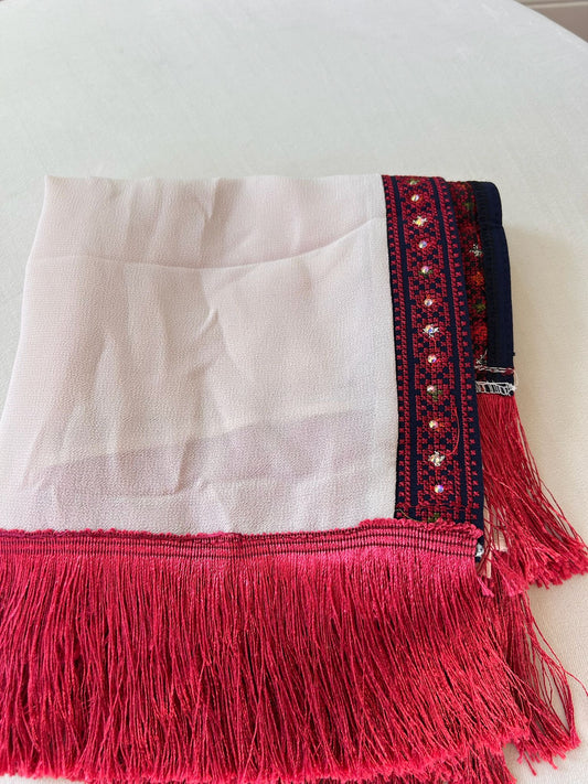Cream/ Blue Tatreez Red Khirka Shal Mandil