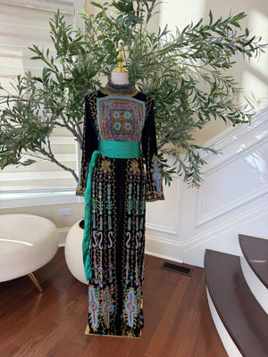 Elegant Black Palestinian Embroidered Thobe with Multicolor Detailing and Turquoise Sash (scarf not included)