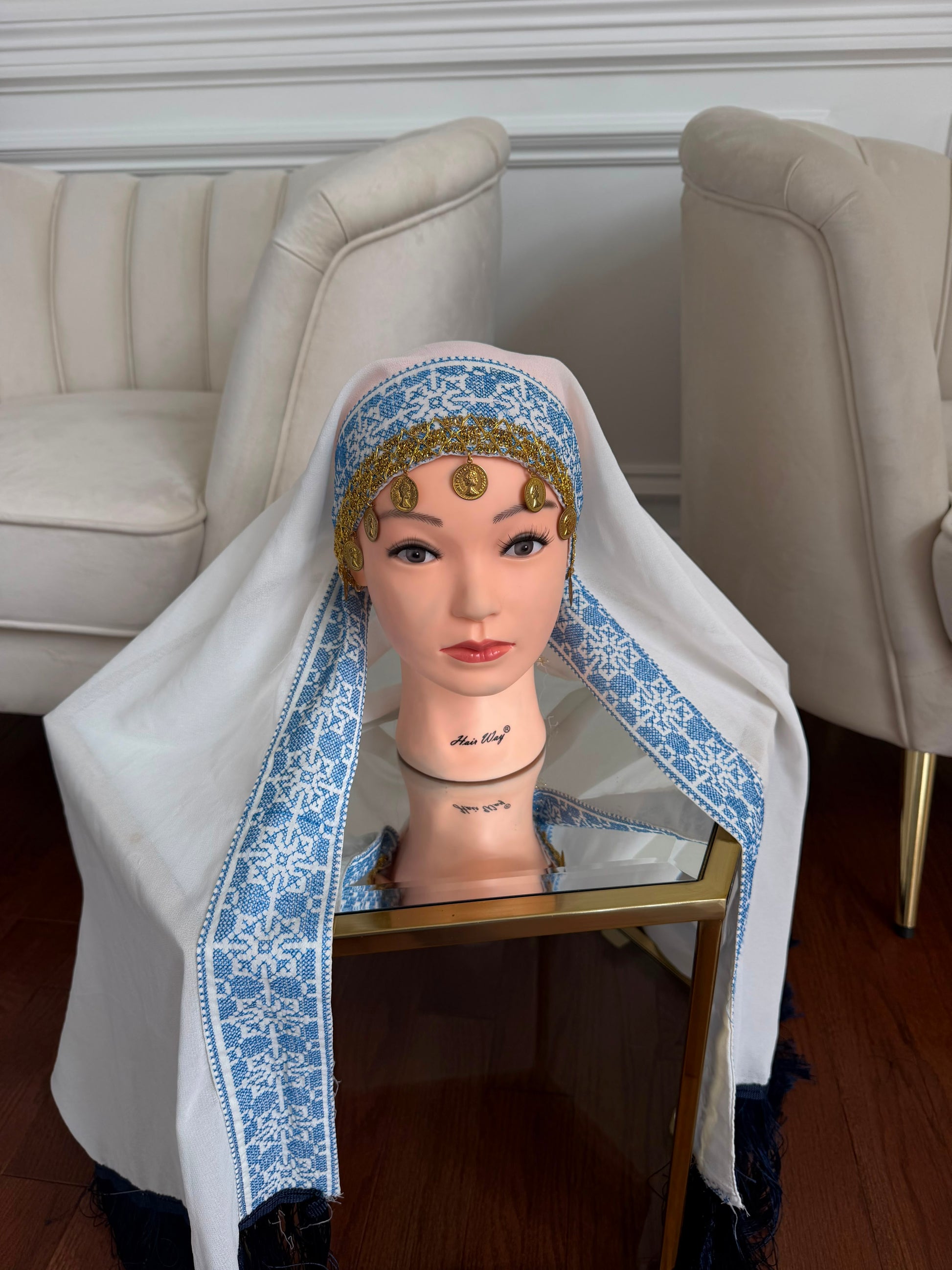 White Embroidery Baby Blue Tatreez Khirka Shal