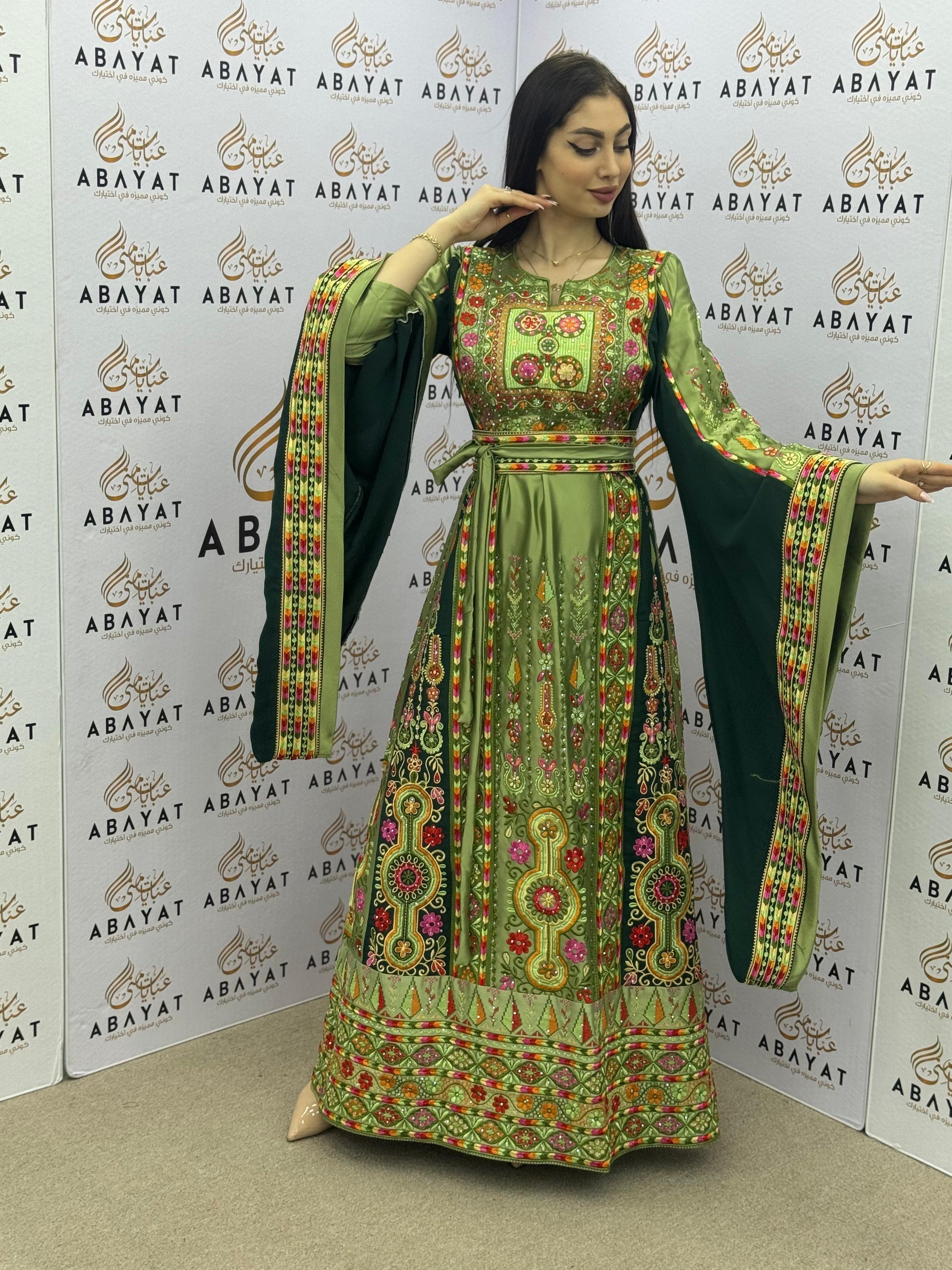 Green Palestinian Embroidered Thobe | Colorful Traditional Design A09092025