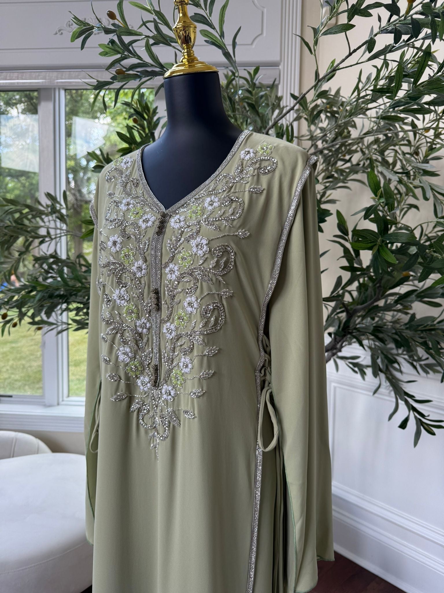 Elegant Sage Green Embroidered Kaftan – Formal Occasion Wear