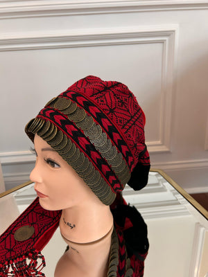 Red Tatreez Embroidery Coin Head Piece تطريز يدوي
