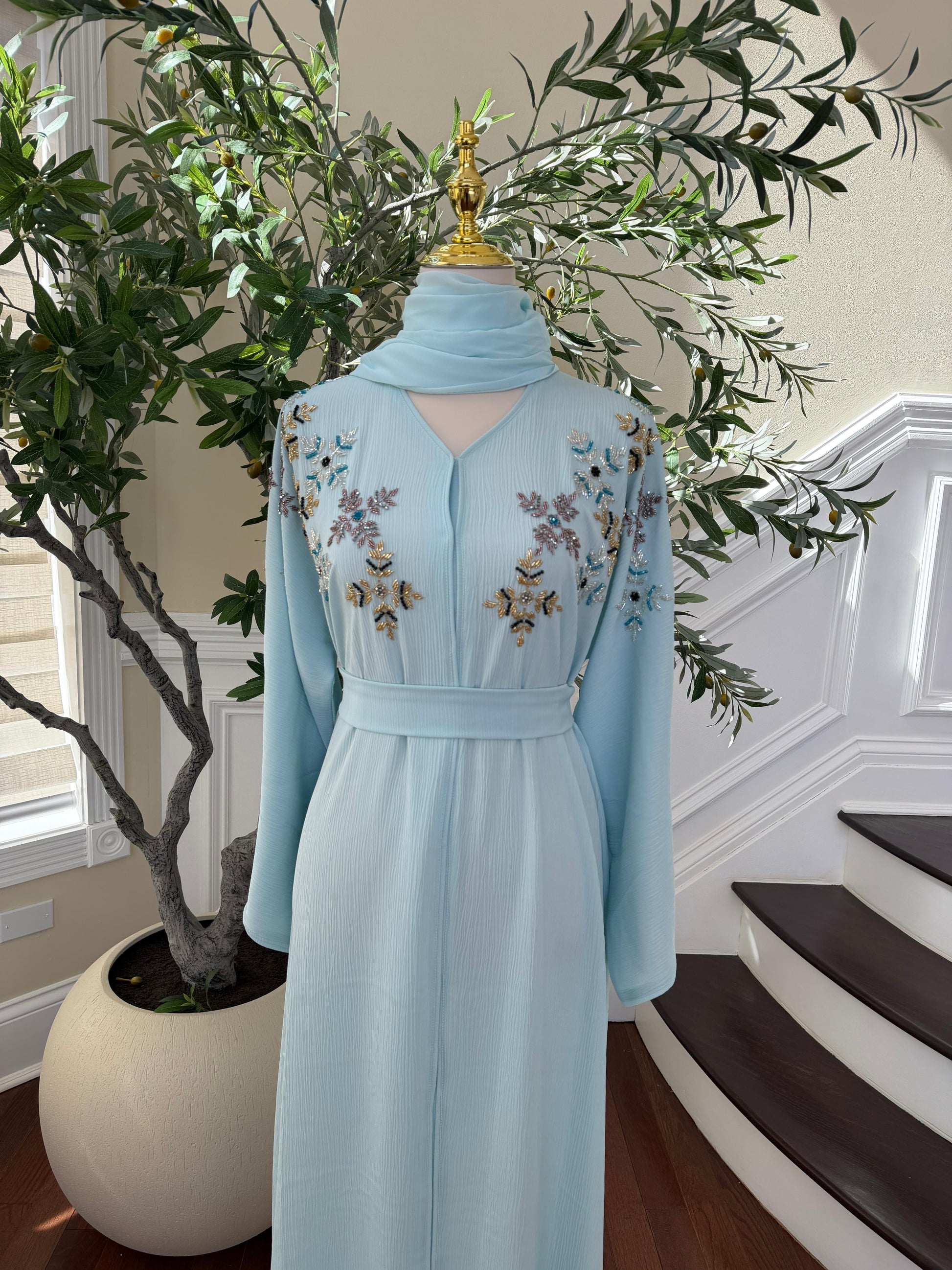 Baby Blue Floral Sequin Abaya