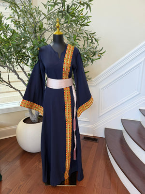 Navy Blue Embroidery Sabal Kharaz Thobe