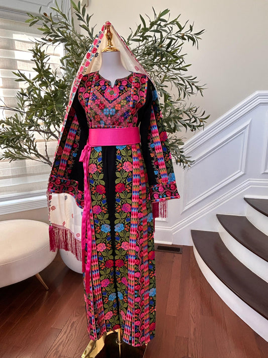 Black Floral Embroidered Tatreez Pink Thobe