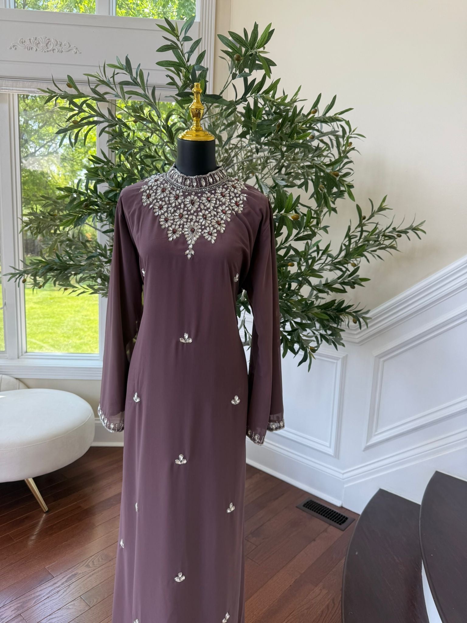 Mauve Crystal High Neck Maxi Dress
