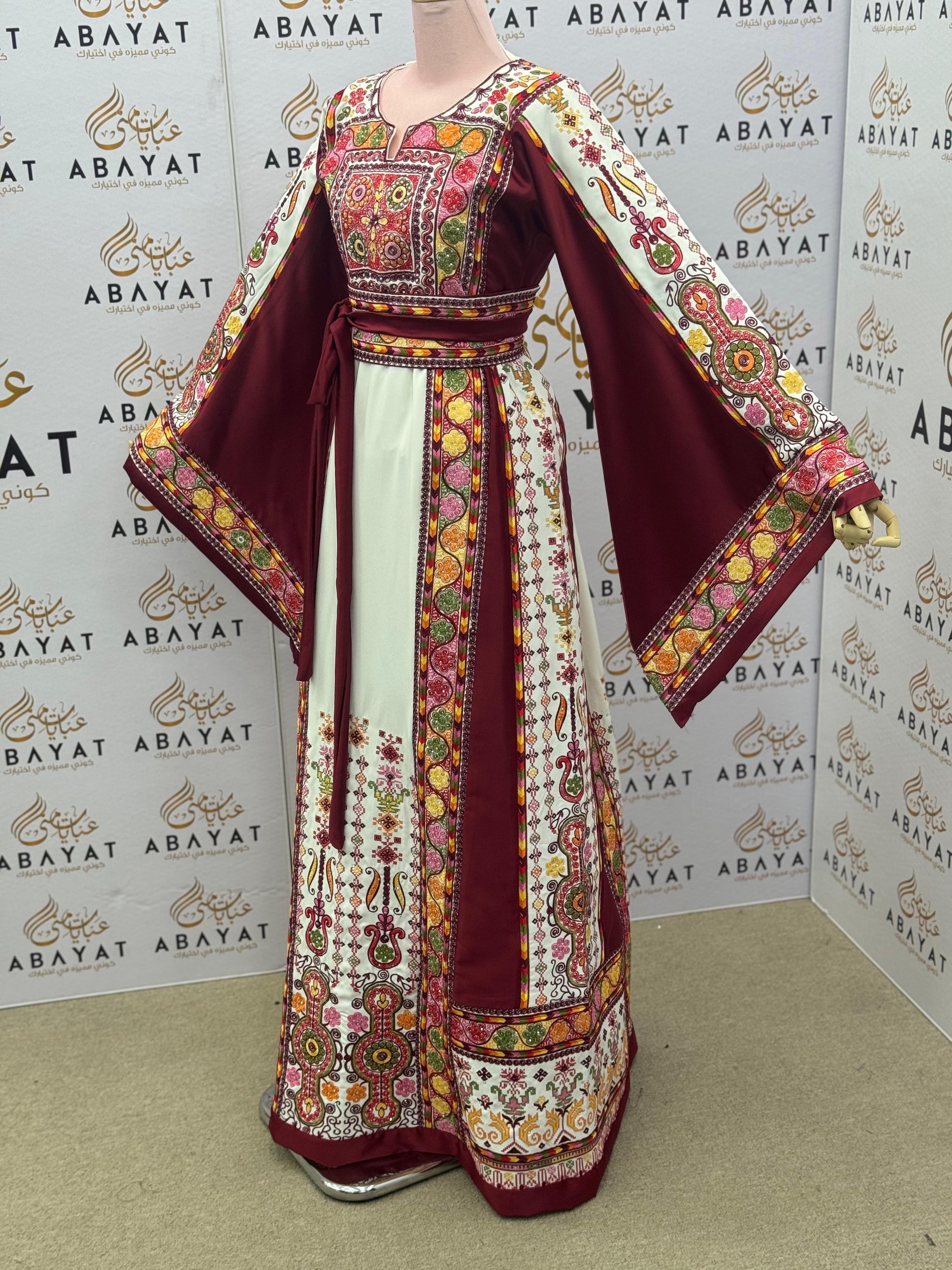 Ivory & Burgundy Palestinian Embroidered Thobe – Multicolor Tatreez Dress with Wide Sleeves”