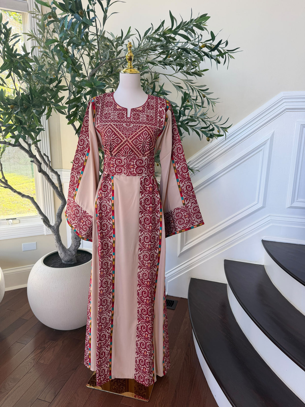 Elegant Blush Pink & Burgundy Embroidered Palestinian Thobe Dress