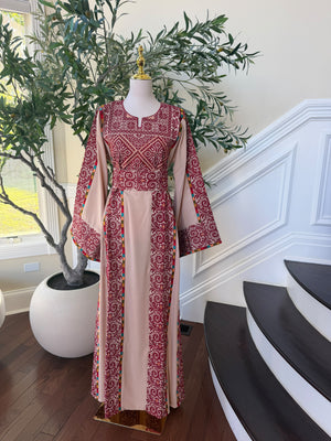 Elegant Blush Pink & Burgundy Embroidered Palestinian Thobe Dress