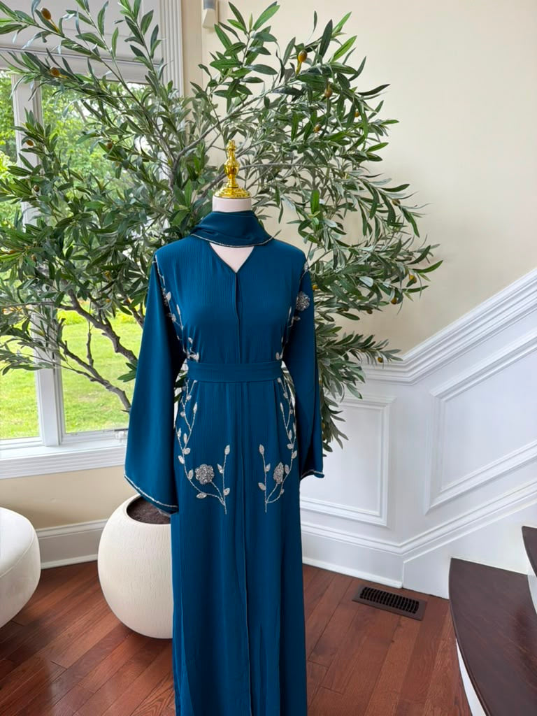 Sky Blue Rose Elegance Detail Abaya