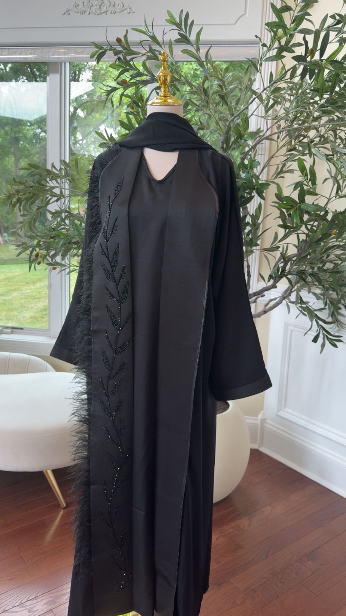 Midnight Elegance – Black Abaya Beaded Ethereal Feather Detail
