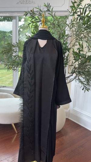 Midnight Elegance – Black Abaya Beaded Ethereal Feather Detail
