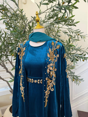Turquoise Golden Crystal Two Piece Beaded Abaya