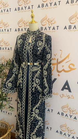 Navy Blue Beaded Two Piece Cardigan Abaya