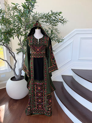 Black And Green satin embroidery tatreez thobe (scarf not included)