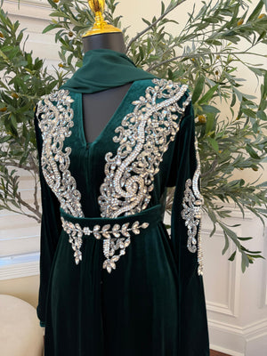 Green Velvet Stone Charm Abaya