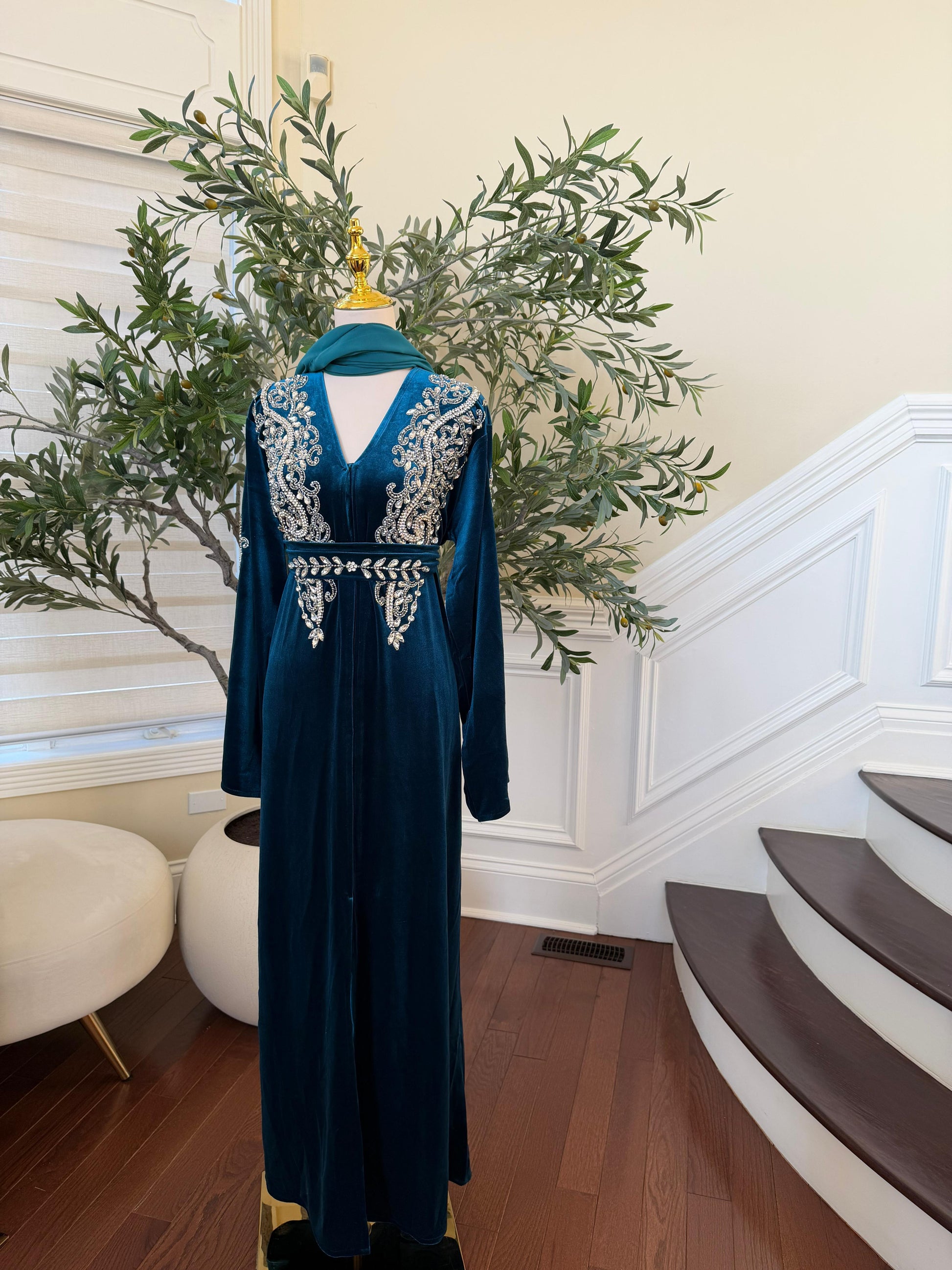 Turquoise Velvet Stone Beaded Abaya