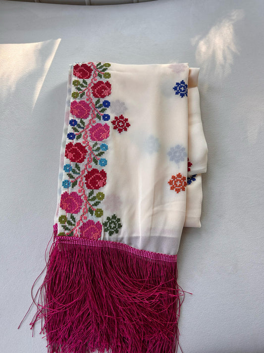 Floral Cream Tatreez Khirka Shal Mandil