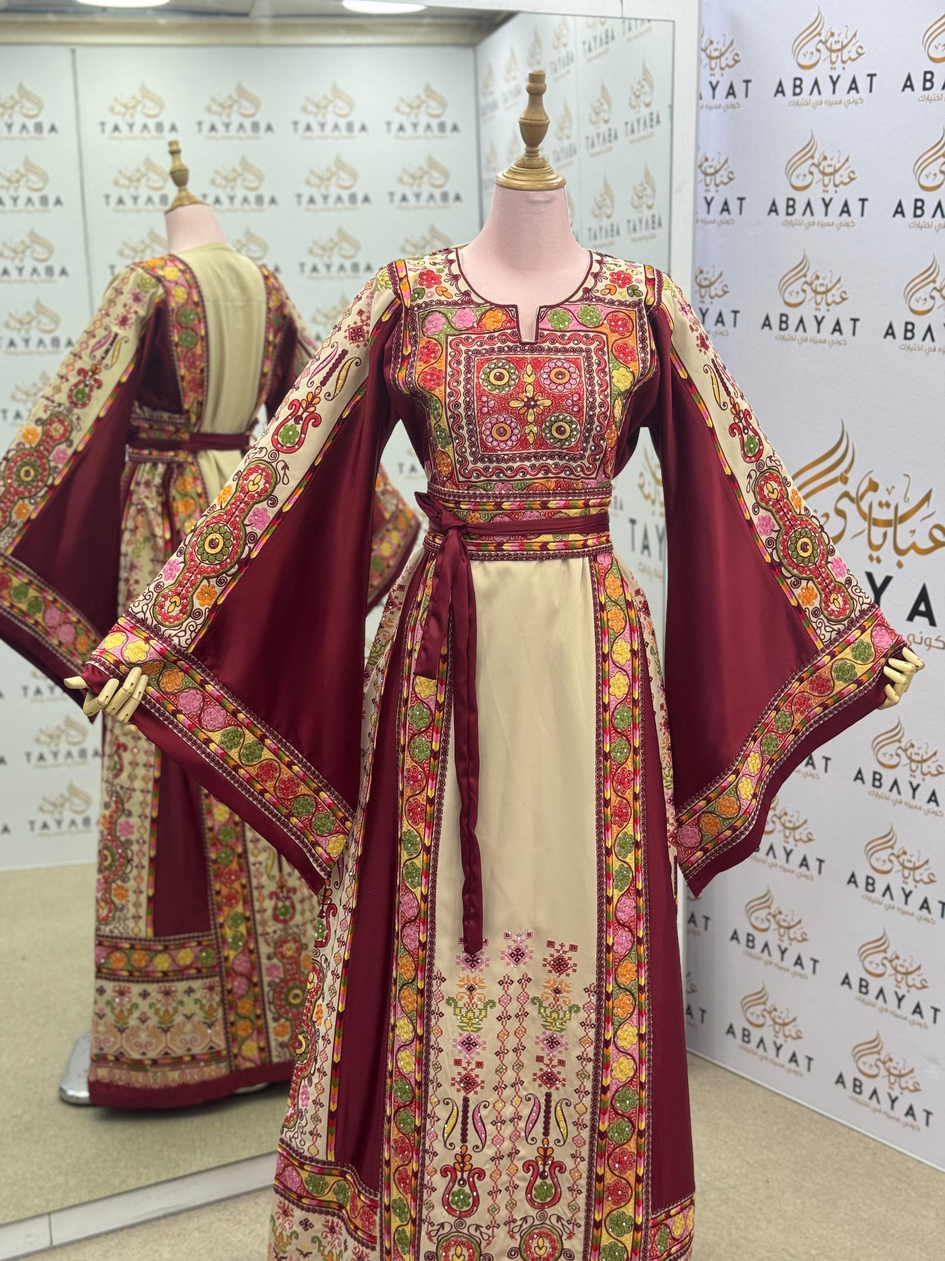 Burgundy & Cream Palestinian Embroidered Thobe – Multicolor Tatreez Maxi Dress with Wide Sleeves”
