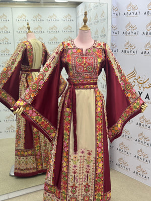 Burgundy & Cream Palestinian Embroidered Thobe – Multicolor Tatreez Maxi Dress with Wide Sleeves”
