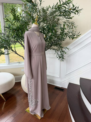 Tan Beaded Elegance Floral Abaya